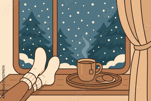 Cozy winter afternoon with warm drink and cookies enjoyed by the window while snow falls on the trees outside
