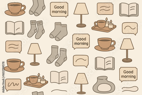 Cozy morning essentials with warm tones featuring coffee cups, candles, books, and socks