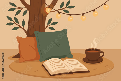 Cozy reading nook under a tree with cushions and a steaming cup of coffee in warm ambient light
