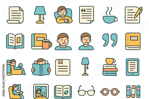 Illustrations of reading, writing, and cozy study activities in a comfortable indoor setting