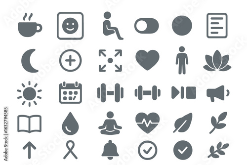 Collection of diverse icons representing wellness, mindfulness, and self-care activities in a minimalist design