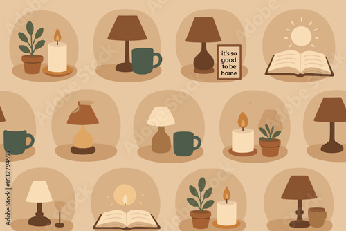 Cozy home decor featuring lamps, plants, and candles in a warm and inviting arrangement for relaxation