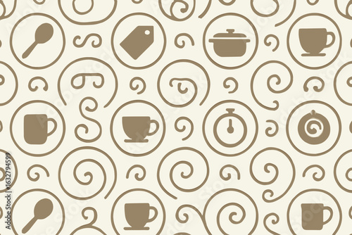 Decorative pattern featuring coffee cups and kitchen utensils on a light background