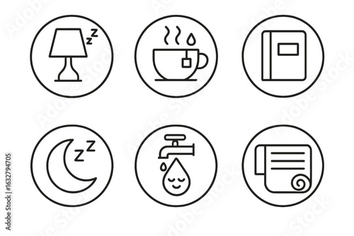 Symbols representing relaxation and daily routines for a peaceful evening and restful sleep in a minimalist style