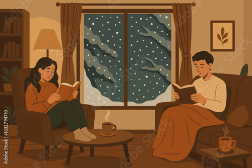 Cozy evening indoors with a couple reading while snow falls outside their window