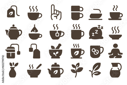 Various tea and coffee symbols represent different brewing methods, cups, and accessories for beverage lovers
