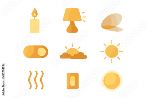 Soft warm tones create a cozy atmosphere with candle, lamp, shell, sun, and abstract shapes