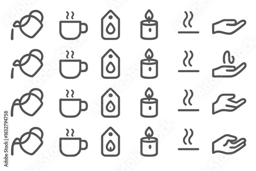 Illustration of cozy elements including tea, candles, and hands in serene arrangements at a calming setting