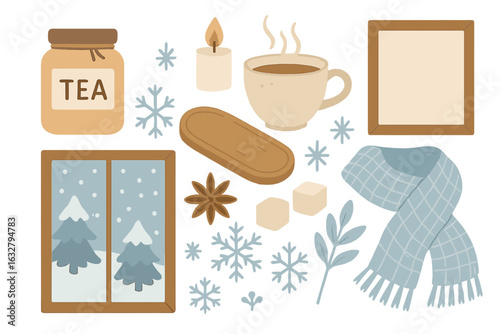 Cozy winter setting with tea, candles, and seasonal decorations for a warm atmosphere