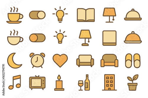 Collection of cozy icons representing home comforts and daily activities in a simple flat design style