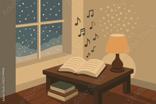 Cozy reading nook by a snowy window with soft music notes in the ambiance during winter evening