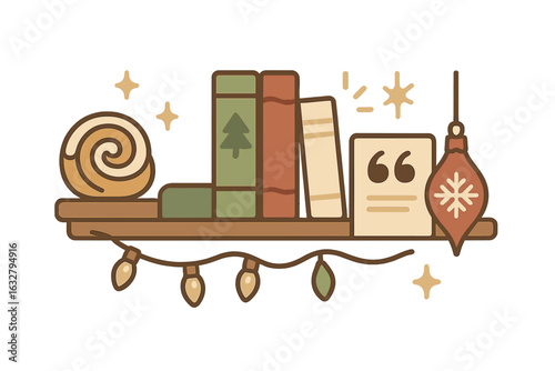 Cozy bookshelf adorned with holiday decorations and lights during winter season