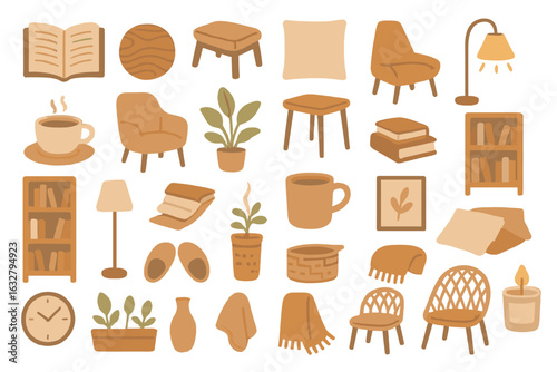 Cozy and warm home decor elements featuring various furniture pieces and accessories