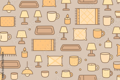 Colorful home decor elements create a cozy atmosphere with cushions, lamps, mugs, and textures in soft hues for a welcoming interior design
