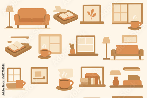 Cozy living room illustration featuring warm tones and inviting decor, perfect for a relaxing atmosphere with coffee