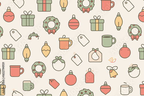 Colorful holiday-themed pattern featuring gifts, ornaments, and winter decorations creating a festive atmosphere