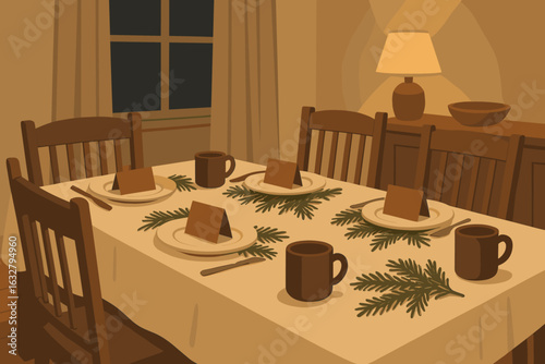 Cozy dining table set for an intimate gathering with rustic decor and warm lighting