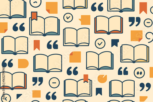 Background design featuring open books and reading symbols in a playful pattern on a cream-colored surface