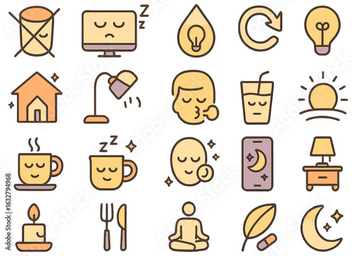 Illustrations of relaxation and daily activities featuring symbols of comfort and peace in warm colors