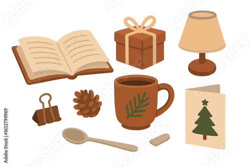 Cozy indoor winter scene with warm cup, book, and decorative elements for a festive atmosphere