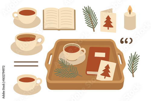 Simple line art pattern featuring cozy home items such as pillows, mugs, socks, and candles on an orange background