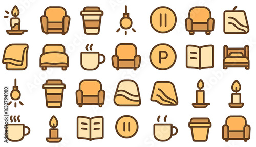 Cozy icons representing comfort elements in living spaces and relaxation activities during daytime
