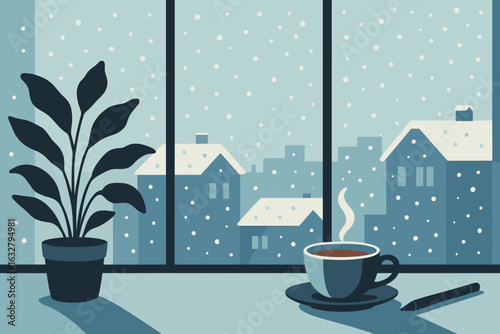 Enjoying a warm drink by the window during a snowy day in winter