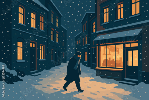 Snowy evening stroll through a quiet street with warm lights in the windows