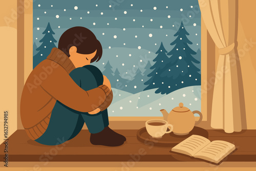 Person sitting curled up on a windowsill with tea, looking out at snowy landscape during winter evening