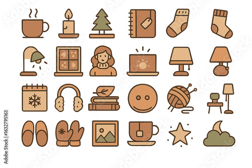 Cozy winter-themed symbols including drinks, decorations, and seasonal items perfect for holiday inspiration