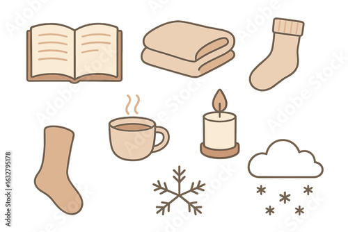 Cozy winter-themed illustration featuring warm drinks, blankets, and seasonal elements for relaxation