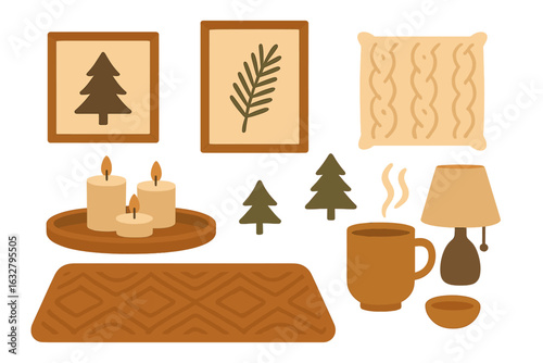 Warm hygge home décor clipart set with pine wall art, candles, knit pillow, rug, steaming mug and table lamp in cozy earthy tones
