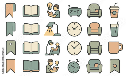 Cozy reading and study time icon set – open books, bookmarks, lamps, clocks, armchairs, drinks, and relaxed atmosphere elements