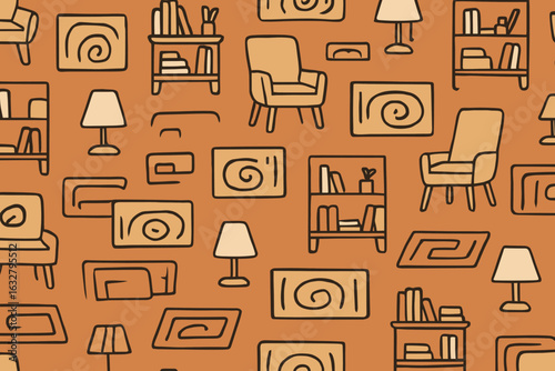 Seamless cozy living room pattern with armchairs, bookshelves, floor lamps, and rugs in warm minimalist style