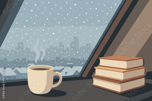 Snowy loft window view with steaming coffee mug and stack of books overlooking city skyline illustration
