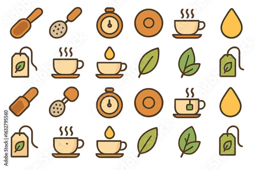 Seamless tea-themed pattern with tea cups, tea bags, leaves, honey drops, and timers in cozy warm tones