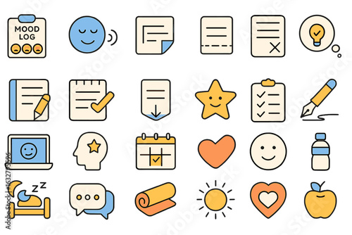 Colorful icon set for wellness and self-care including mood tracker, journaling, hydration, sleep, and healthy habits