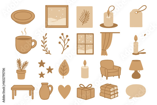 Collection of cozy and warm home decor elements in soft brown tones featuring various objects and shapes