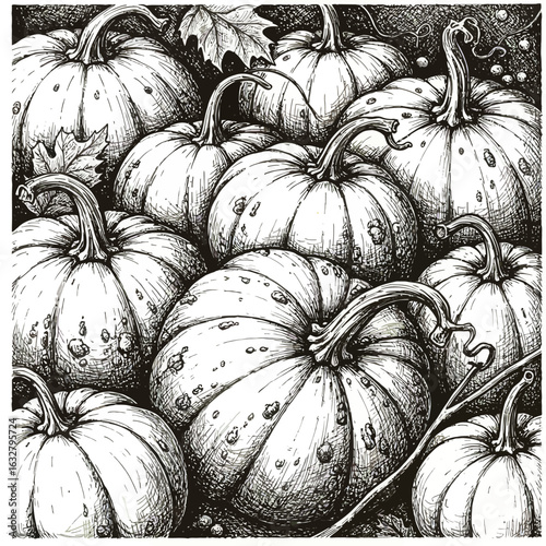 A detailed monochrome illustration showcases a bountiful harvest of plump pumpkins, meticulously rendered with shading and texture.
