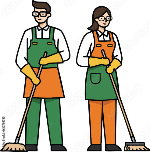 Male and female janitors cleaning with mops in aprons and gloves vector illustration 