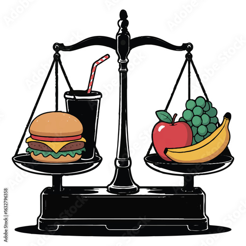 Illustration of a balance scale comparing healthy fruits with unhealthy fast food, isolated on white background, representing dietary choices and nutritional balance