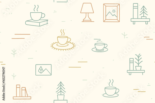 Warm and cozy illustrations of coffee cups and home decor on a light background for a relaxed vibe