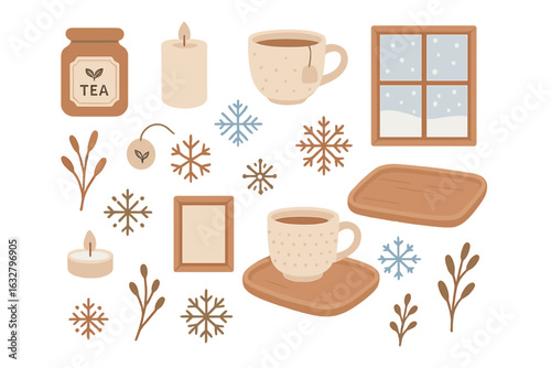 Cozy winter elements with tea, warm mugs, candles, and snowflakes create a serene indoor atmosphere