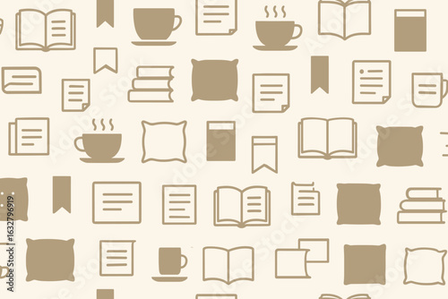 Pattern of books and coffee cups in a cozy, inviting motif for a cafe or library environment