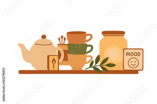 Cozy tea setup featuring cups, a teapot, and decorative elements in warm tones