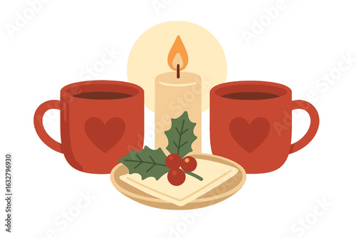 Cozy hot drinks by candlelight with festive decorations for a warm holiday evening gathering