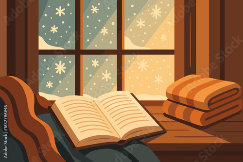 Cozy winter afternoon by the window with a book and warm blankets