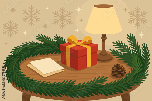 Festive holiday decor featuring a gift, letter, and lamp on a wooden table