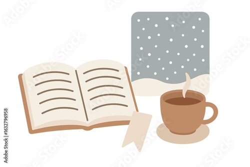 Cozy winter morning with a warm drink, an open book, and soft snowflakes in the background