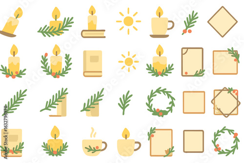 Holiday-themed illustrations featuring candles, books, and cozy items in warm colors for festive decoration